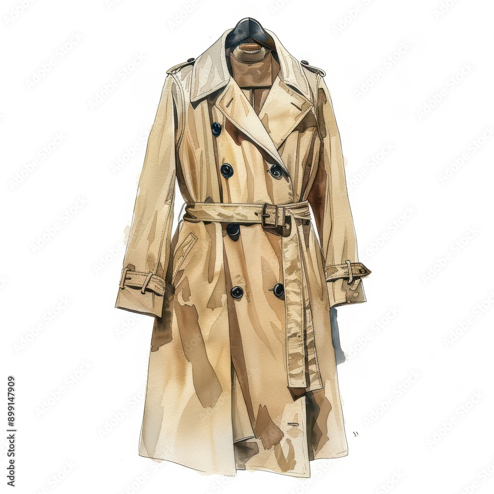 Stylish beige trench coat hanging on a hanger, perfect for adding elegance to any outfit during rainy weather. Stylish beige trench coat hanging on a hanger, perfect for adding elegance to any outfit during rainy weather.