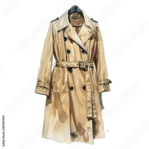 Stylish beige trench coat hanging on a hanger, perfect for adding elegance to any outfit during rainy weather. © Aquarii
