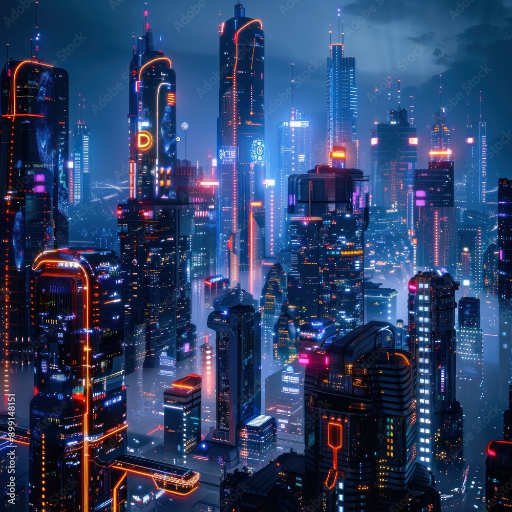 Fototapeta premium A city skyline at night, with buildings made of neon lights and holographic projections By Generated AI