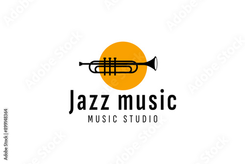 Trumpet logo design, generate melody, musical jazz instrument vector sketch illustration