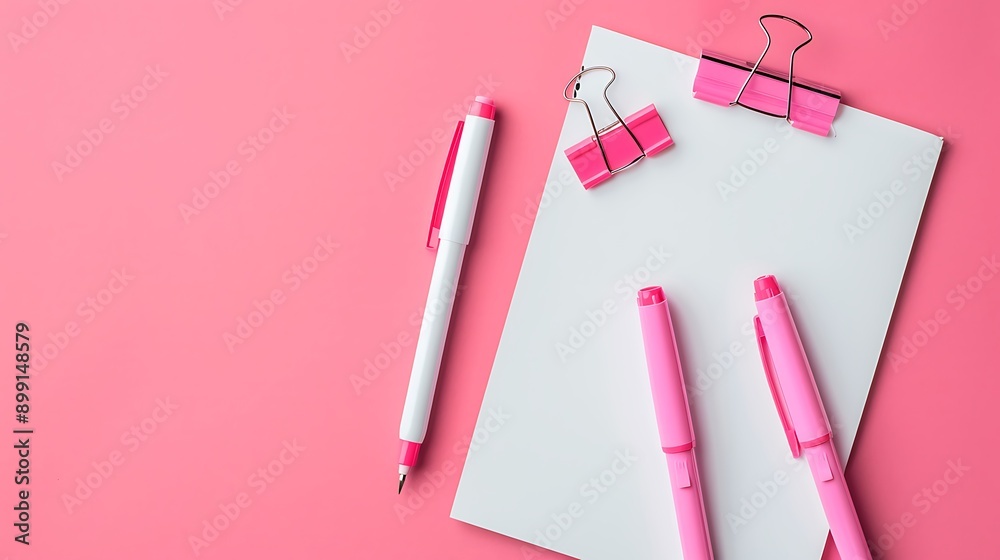 Bright sketchbooks two markers pink clip and sheet of white paper on a pink background Bright sketchbooks two markers pink clip and sheet of white paper on a pink background
