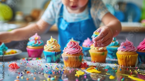 A child is decorating cupcakes with colorful frosting and sprinkles