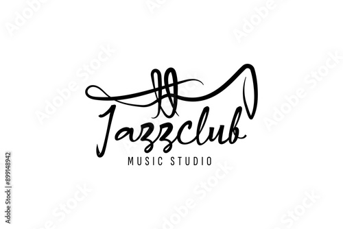 Trumpet logo design, generate melody, musical jazz instrument vector sketch illustration