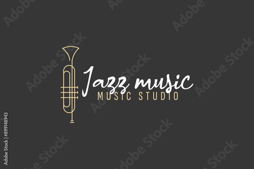 Trumpet logo design, generate melody, musical jazz instrument vector sketch illustration