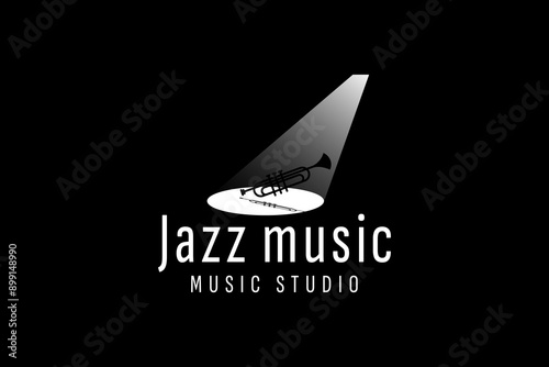 Trumpet logo design, generate melody, musical jazz instrument vector sketch illustration