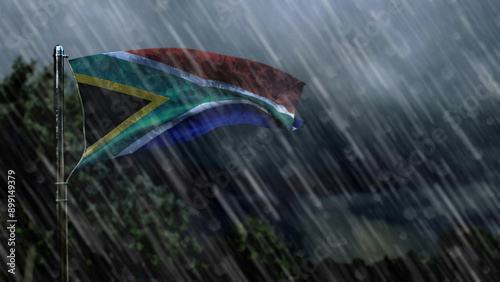 flag of South Africa with rain and dark clouds, shower rains symbol - nature 3D illustration