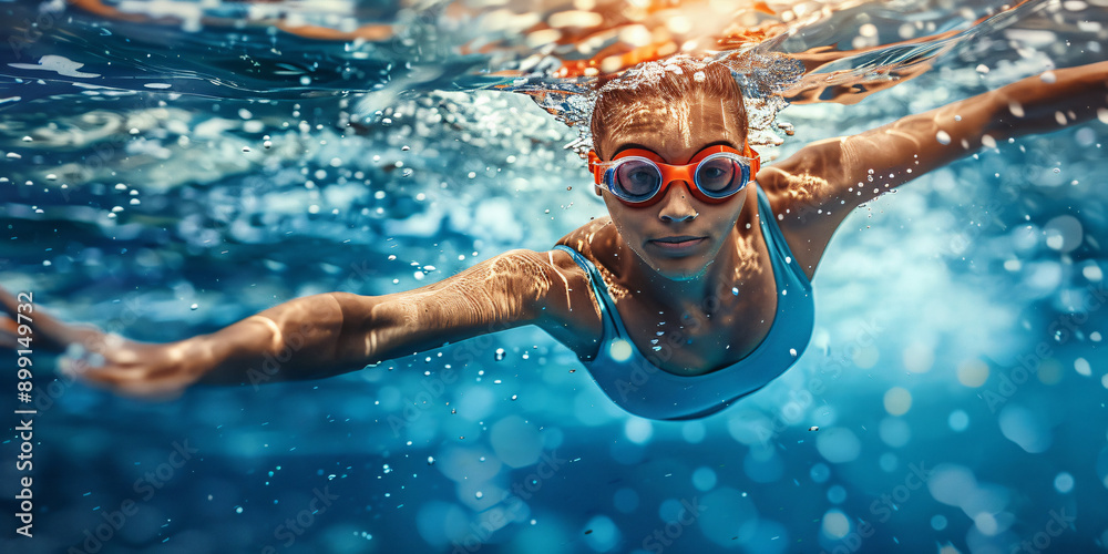 Naklejka premium hispanic woman with a determined expression is swimming underwater in a pool.