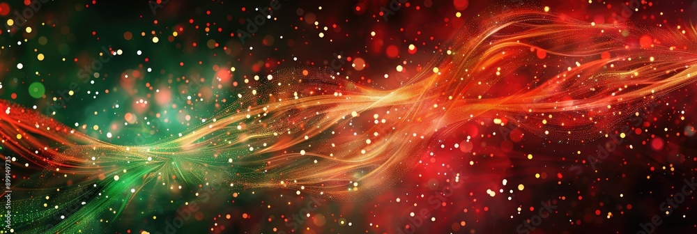 Fototapeta premium Abstract red and green Christmas background with shimmering auroras