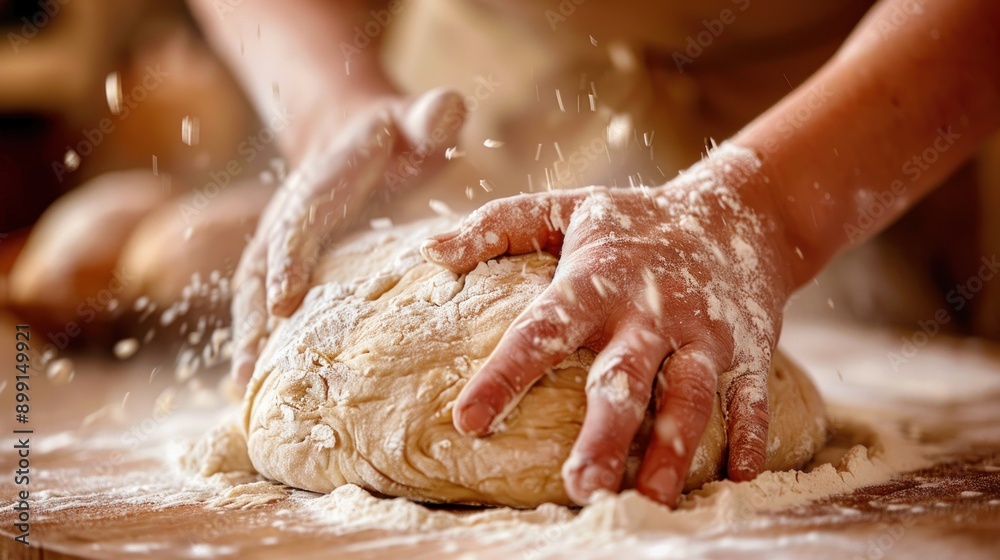 A person is kneading dough on a wooden table A person is kneading dough on a wooden table