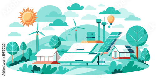Eco-Friendly Power: Solar Cells in Solar Farms Art Illustration.