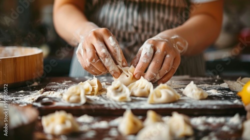 A woman is making dumplings in a kitchen
