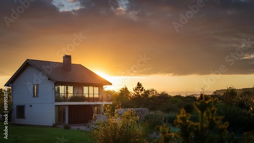 Portrait of a house illuminated by morning sunlight