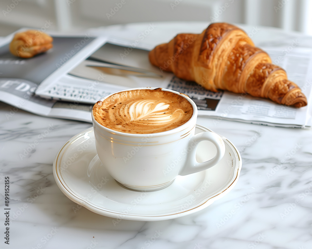 Morning Coffee and Croissants on Marble Kitchen Surface with Newspaper Morning Coffee and Croissants on Marble Kitchen Surface with Newspaper