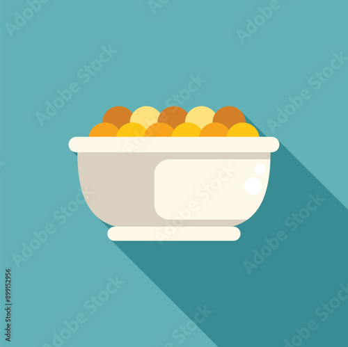 Simple illustration of a white bowl overflowing with round cereal, perfect for breakfast and healthy eating projects