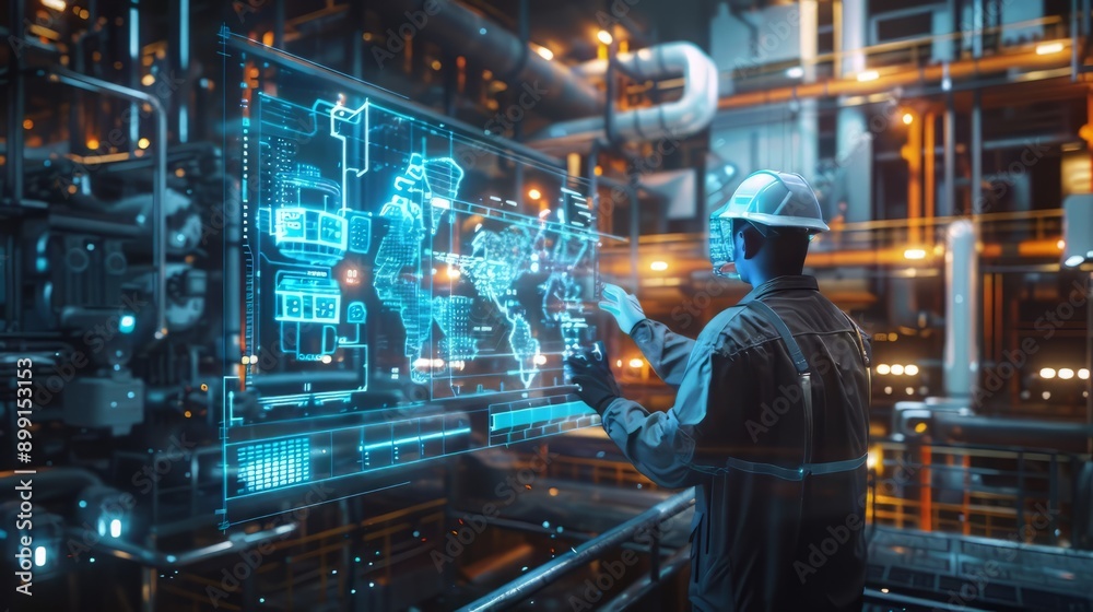 Industrial Worker Interacting with Holographic World Map Display Industrial Worker Interacting with Holographic World Map Display