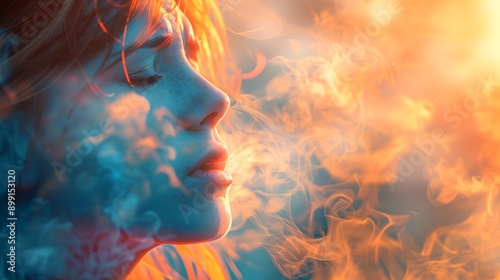 Ethereal Portrait of a Woman Struggling to Breathe Amidst Bright Colorful Haze