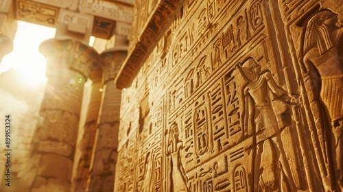 Ancient Egyptian stone gate, detailed carvings and symbols, light filtering through, close-up shot