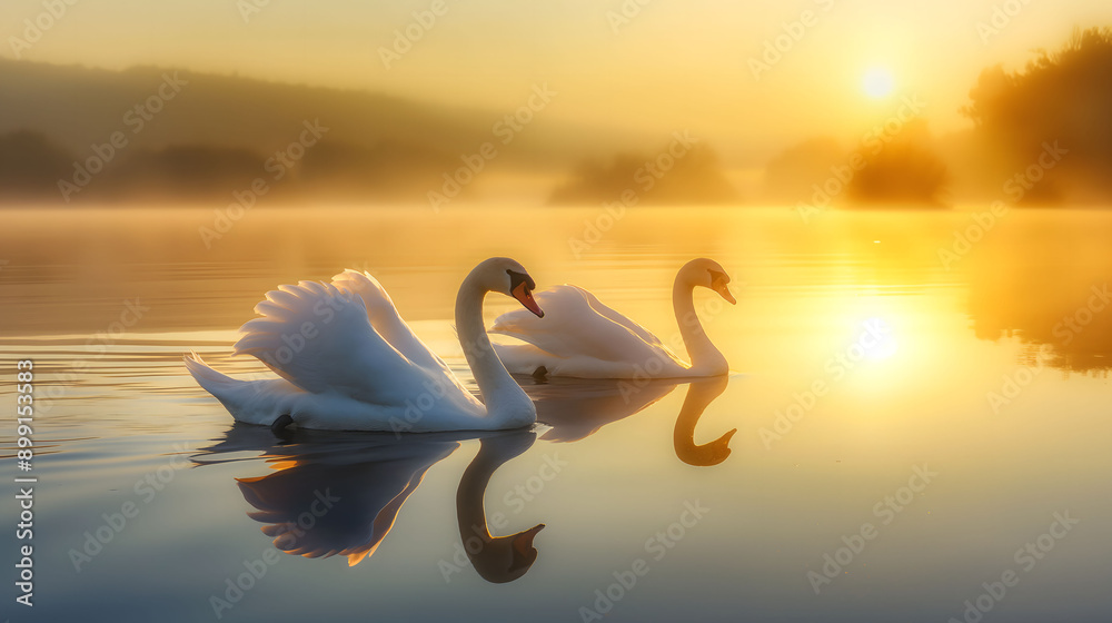Fototapeta premium Serene Swans on a Misty Lake at Sunrise