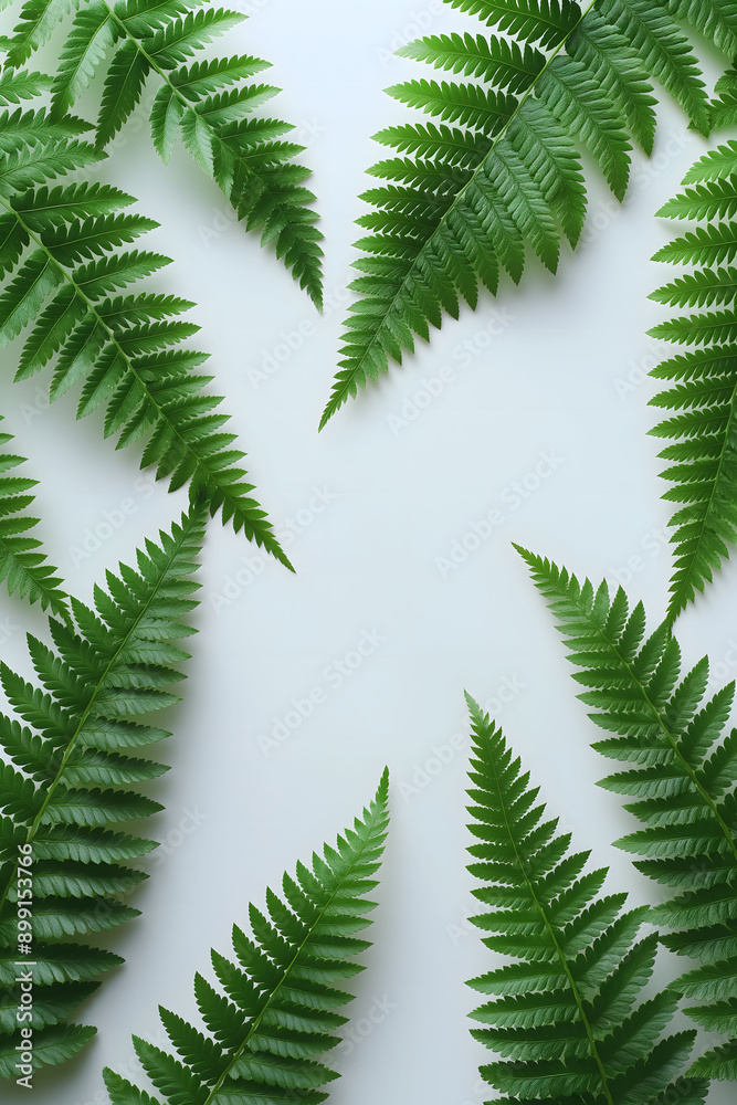 Green Fern Leaves on Textured White Crumpled Paper with Gold Details Green Fern Leaves on Textured White Crumpled Paper with Gold Details