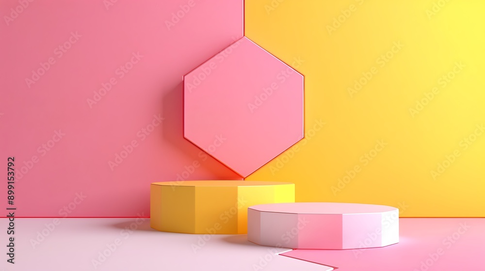Cubes pedestal for product display on funny hexagon pink and yellow background Cubes pedestal for product display on funny hexagon pink and yellow background