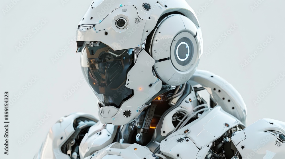 Fototapeta premium Anime-style robot, 3D rendered, single lens, military color scheme, detailed and high-tech appearance