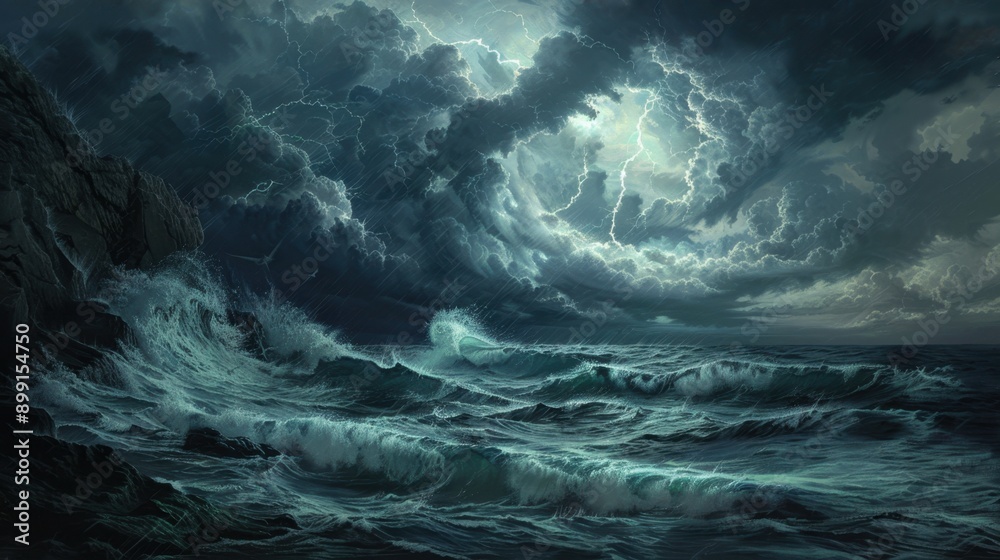 Fototapeta premium Intense Ocean Storm with Dark Clouds and Crashing Waves