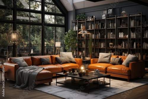 Spacious Living Room with Leather Sofa and Bookshelf