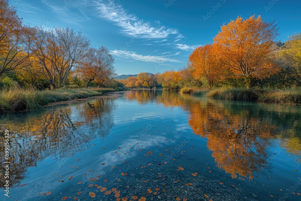 Obraz premium A stunning autumn scene featuring a forest and river with leaves scattered