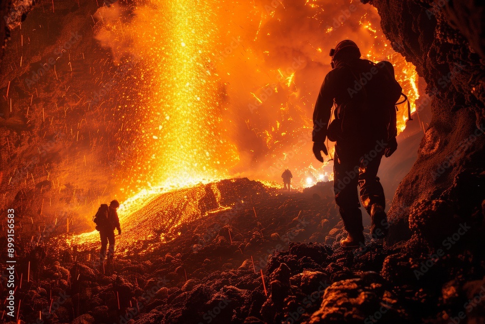 Obraz premium Silhouettes of people walking through a cave with a glowing lava flow.