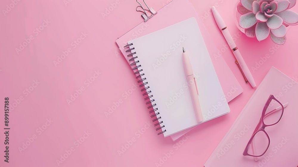 Flat lay of workspace desk minimal stationery with note book paper pen clip and eyeglasses on pink color background Flat lay of workspace desk minimal stationery with note book paper pen clip and eyeglasses on pink color background