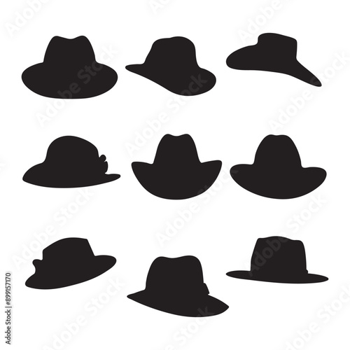 Hats black silhouette, Different types of cap vector illustration on a white background