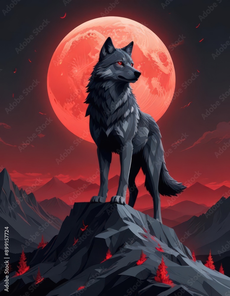 Wolf Stands against Red Moon Vector Illustration | Generative AI Wolf Stands against Red Moon Vector Illustration | Generative AI