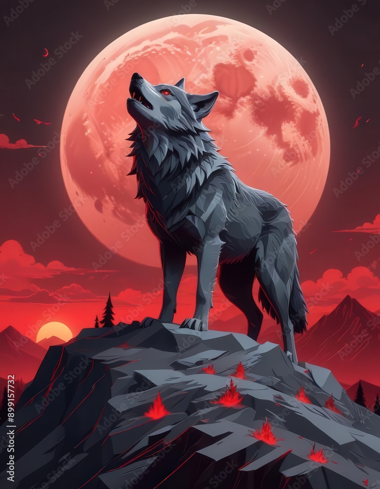 Wolf Stands against Red Moon Vector Illustration | Generative AI Wolf Stands against Red Moon Vector Illustration | Generative AI