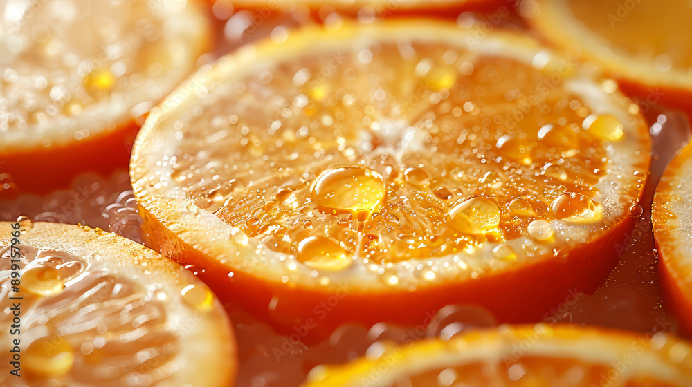 Slices of orange and lemon with water drops close-up Slices of orange and lemon with water drops close-up