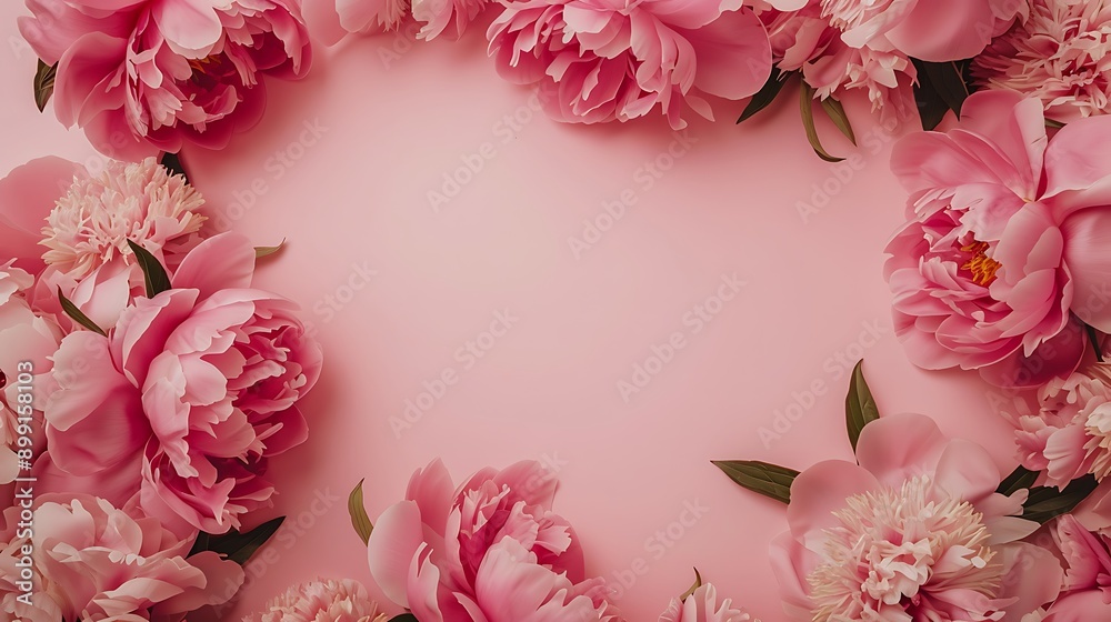 Frame wreath of pink peony flowers with copy space for text on pastel pink background Frame wreath of pink peony flowers with copy space for text on pastel pink background