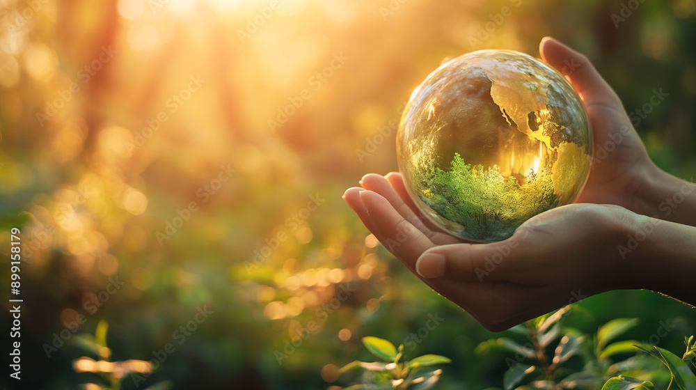 Human Hands Cradling a Transparent Globe Symbolizing Environmental Conservation During Golden Hour in a Lush Forest Human Hands Cradling a Transparent Globe Symbolizing Environmental Conservation During Golden Hour in a Lush Forest
