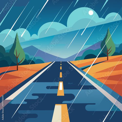 An asphalt road glistening with rain, featuring a sharp direction arrow, capturing the freshness and clarity after a storm