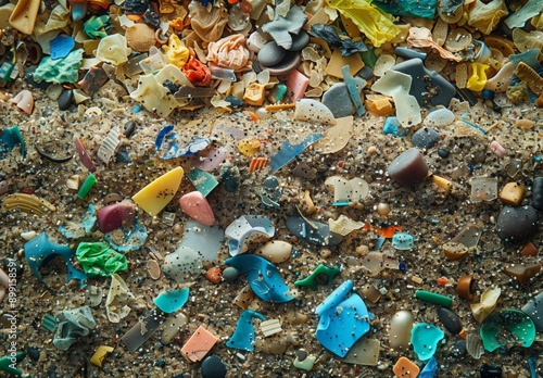 A detailed shot of microplastics mixed with sand on a polluted beach