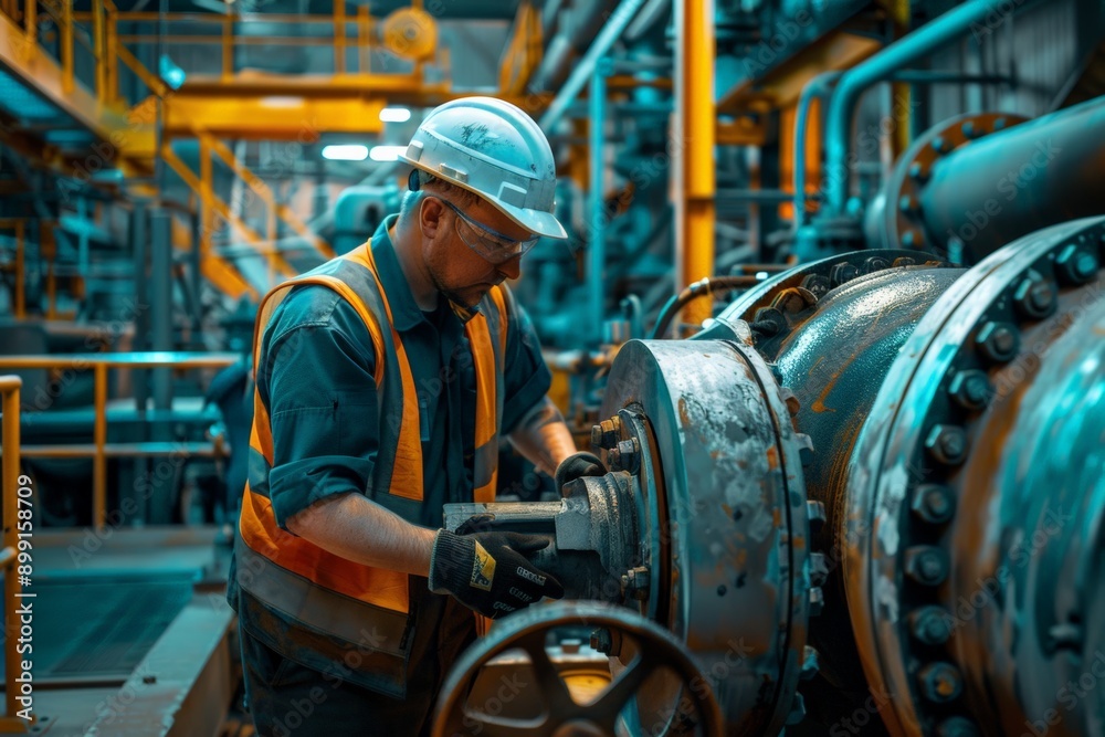 Fototapeta premium Industrial worker maintaining heavy machinery in factory, safety gear, engineering, industrial maintenance, manufacturing safety concept