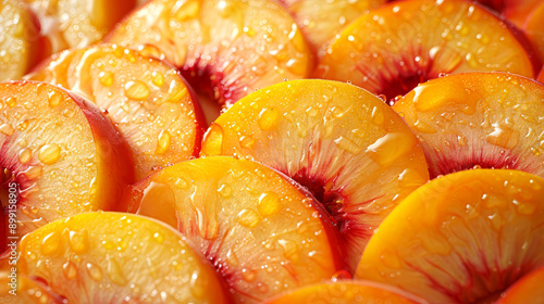 Peach slices with water droplets on the surface, close-up