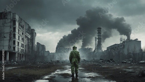 Capturing Chernobyl's Haunting Aftermath with Ruined Reactor, Desolate Landscape, Hazmat Figure, and Eerie Green Sky for 'Chernobyl