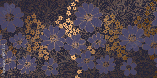 Golden Metallic Foiled Contour Flowers in English Violet Color on Dark Violet Background. Luxurious Art Deco Wallpaper Design for Print, Poster, Cover, Banner, Invitation, Package, Beauty Products.