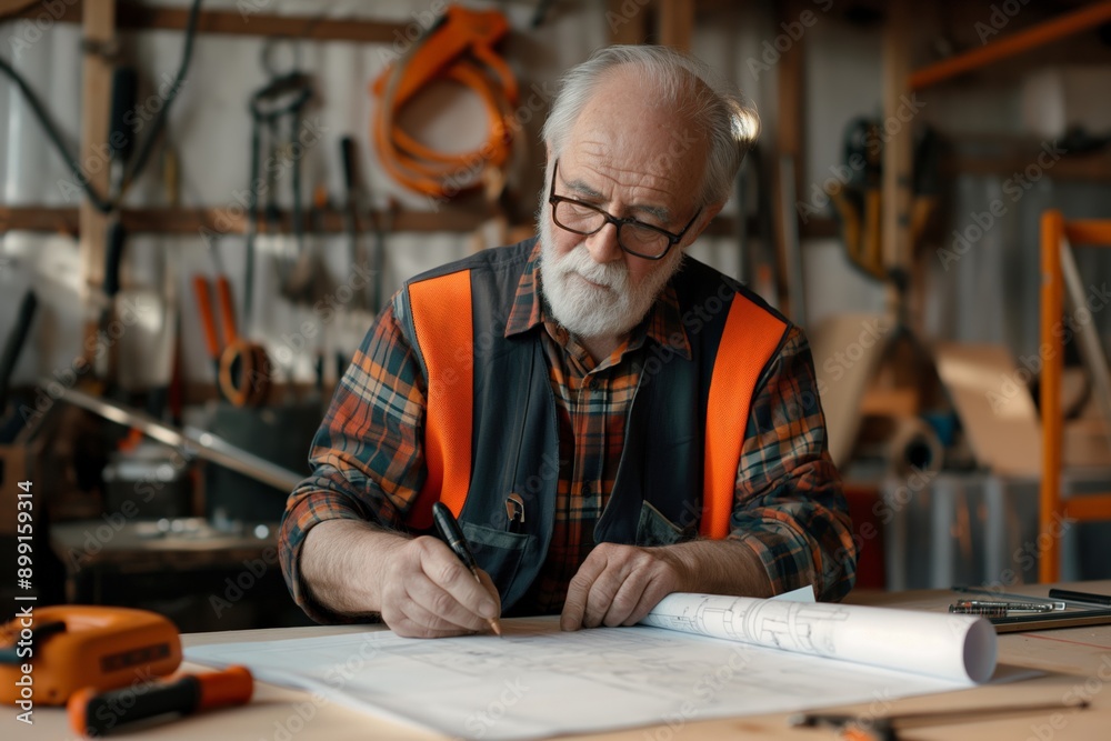 Senior carpenter, working on a blueprint at his workshop, wears protective vest and glasses, surrounded by tools and wooden materials, woodworking concept Senior carpenter, working on a blueprint at his workshop, wears protective vest and glasses, surrounded by tools and wooden materials, woodworking concept