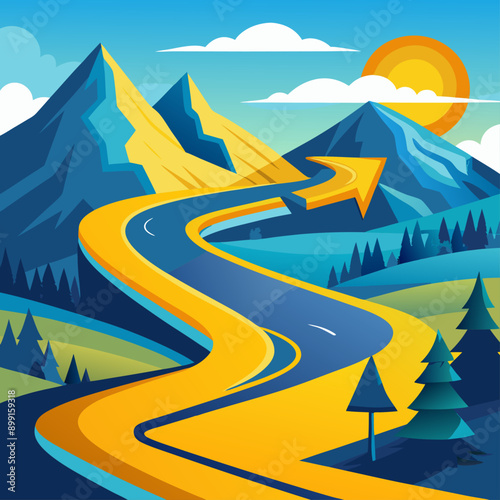 A winding mountain road with a bright yellow arrow directing traffic, surrounded by breathtaking natural scenery, emphasizing the journey and decision-making