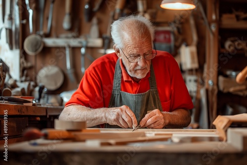 The elderly woodworker meticulously crafting a piece of furniture in his workshop, focused and determined, wood craftsmanship concept