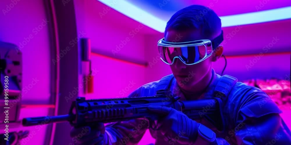 Illuminated Combat Readiness: A Dynamic Cyberpunk Portrait of a Tactical Operator with American Flag Patch and Neon-Pink-Purple Lighting