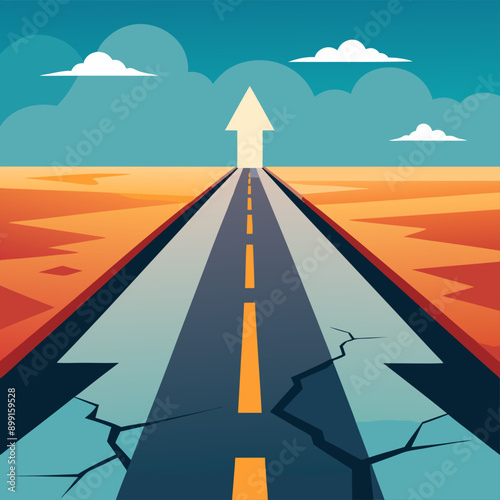 old cracked asphalt road with clear direction arrow symbolizing resilience and choosing a path despite obstacles in a rugged and enduring environment 