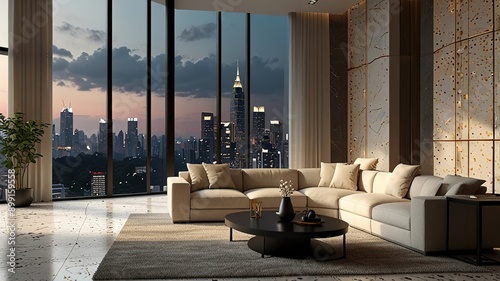 Modern style luxury interior with city view 3d render, There are terrazzo floor decorated wall with hidden light