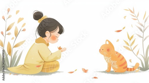 Chinese girl and orange cat, light outfits, simple and charming cartoon illustration, white background