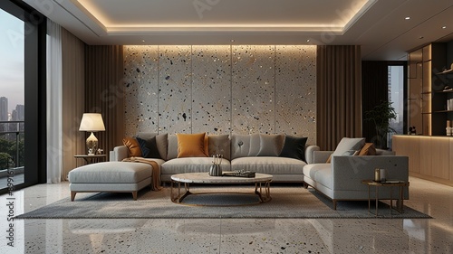 Modern style luxury interior with city view 3d render, There are terrazzo floor decorated wall with hidden light